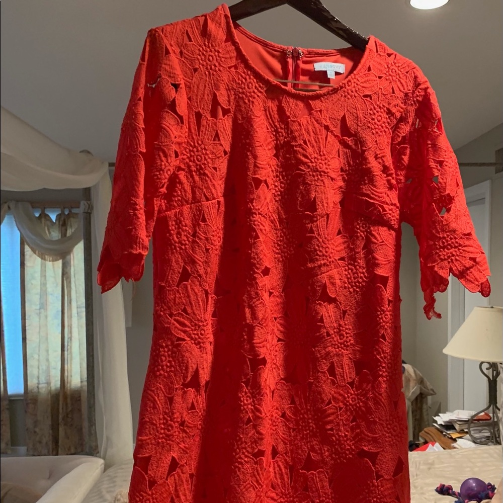 Mini dress with scalloped edge. It’s more a red orange color in person